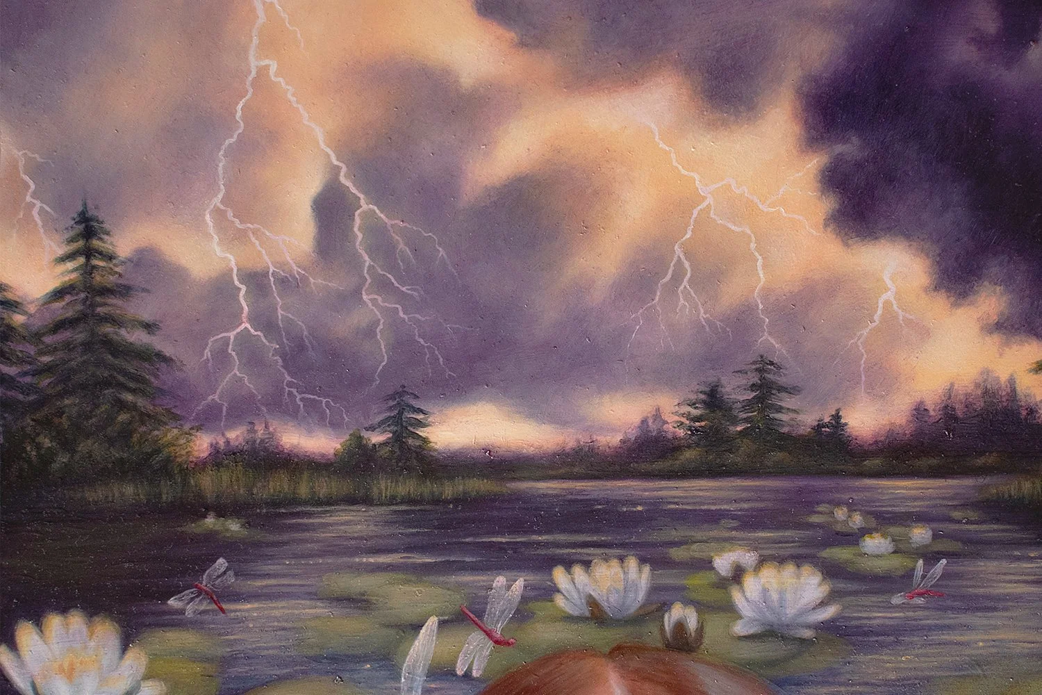 Original Oil Painting of a girl crying in a lake surrounded by dragonflies and lotus flowers with stormy skies behind detail