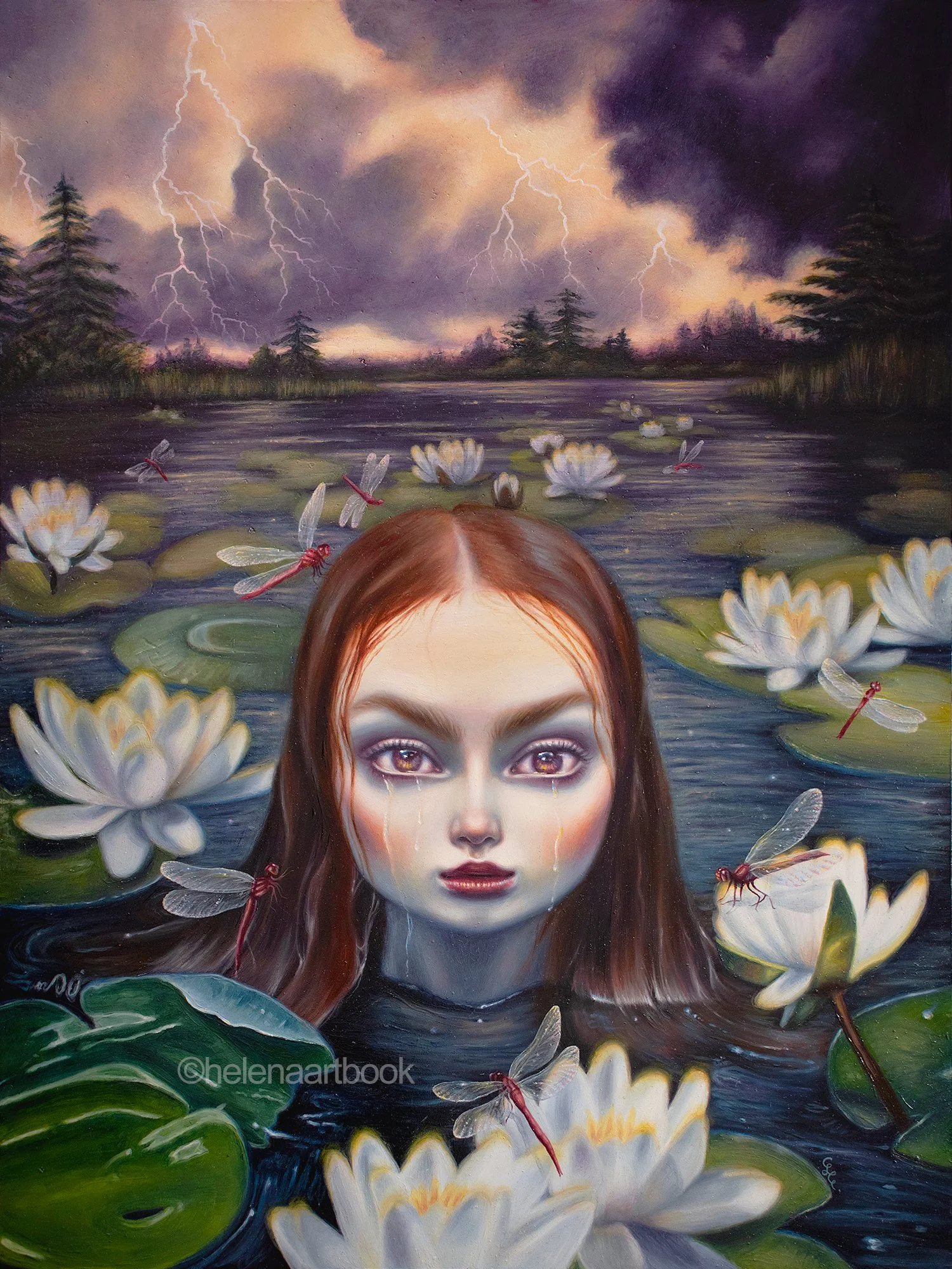 Original Oil Painting of a girl crying in a lake surrounded by dragonflies and lotus flowers with stormy skies behind