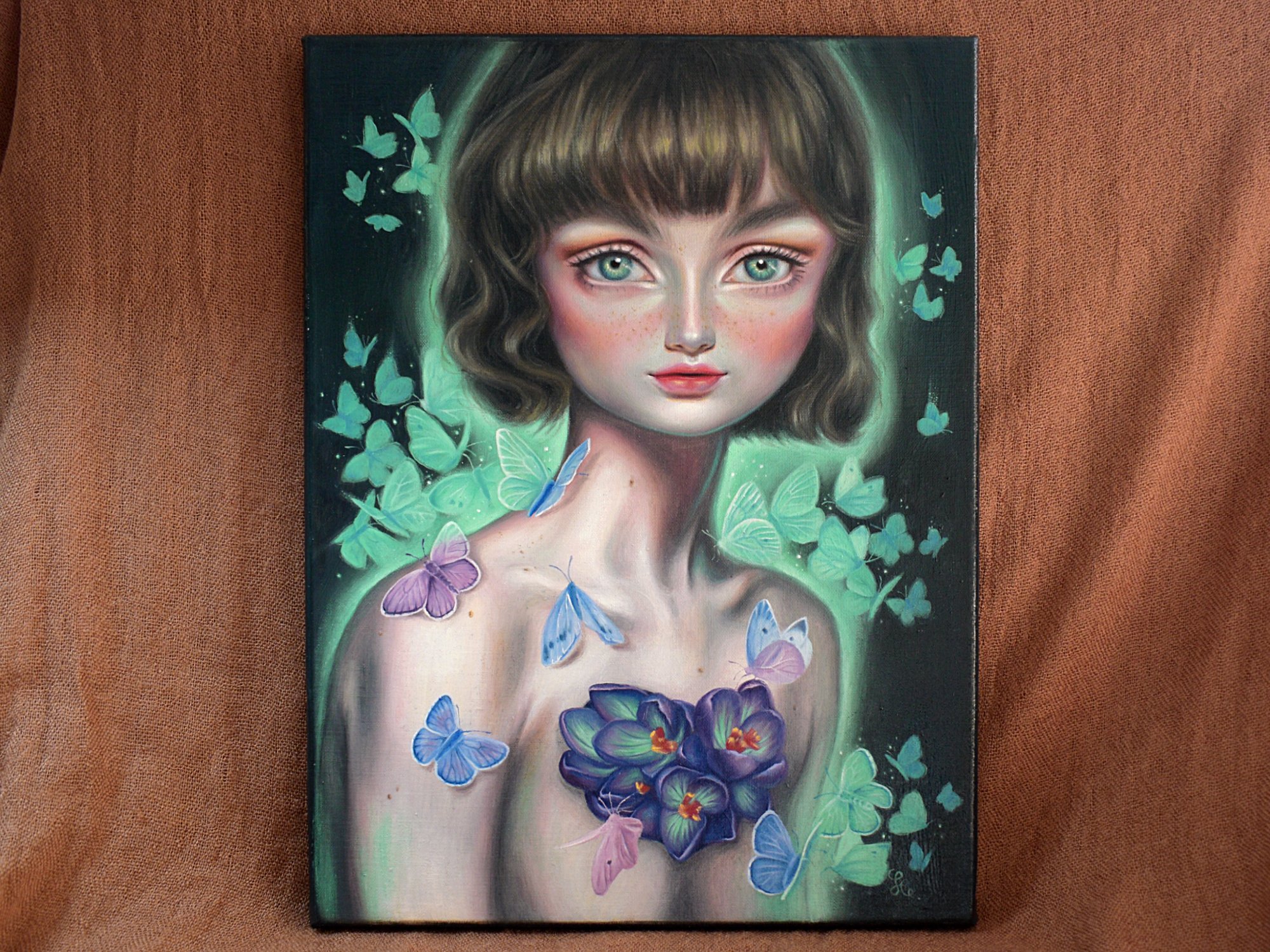 Original Oil Painting OF A Girl With Big Eyes with butterflies and crocus flowers glowing