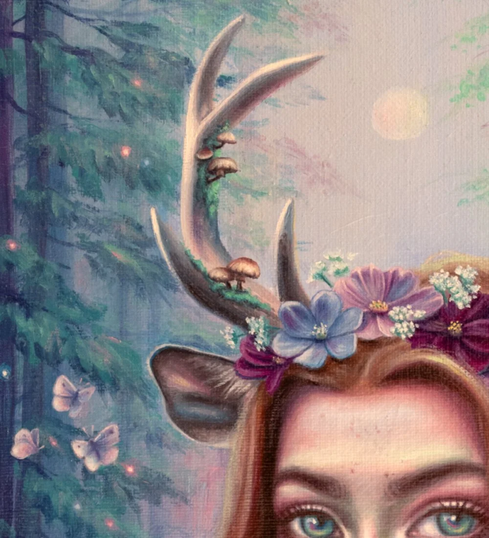Original Pop Surrealism Oil Painting Of Deer Woman With Big Eyes And Fawn In Magical Forest On canvas Detail Of Antlers