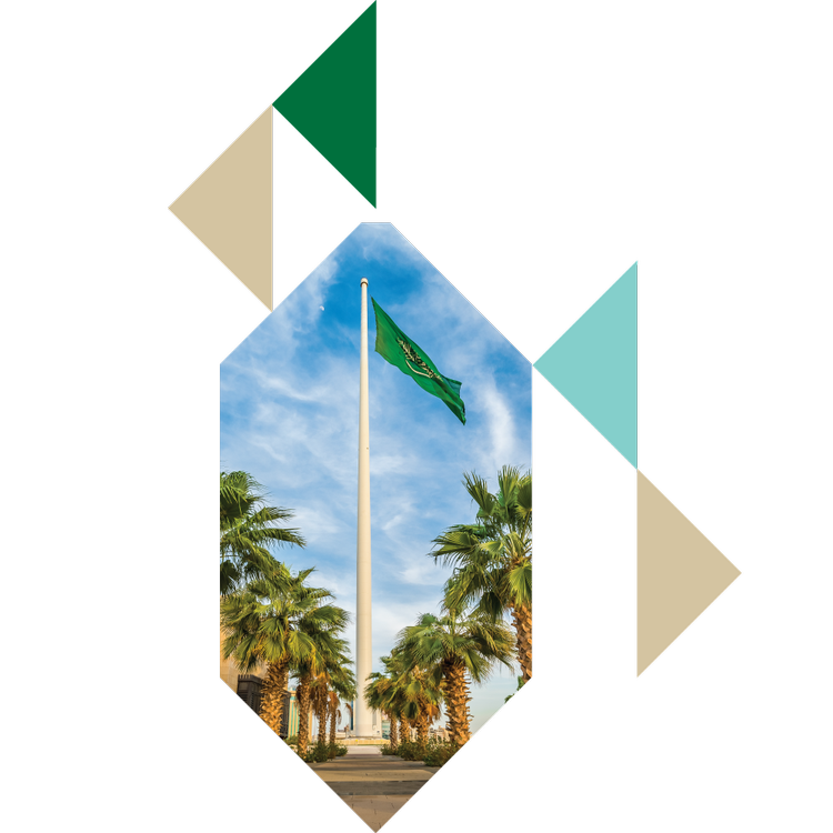 A tall flagpole flying a green flag with a blue and white emblem, surrounded by palm trees under a blue sky with clouds.