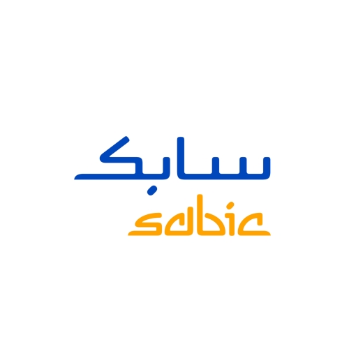 A logo with the word 'Sabic' written in Arabic at the top in blue and in English at the bottom in orange.