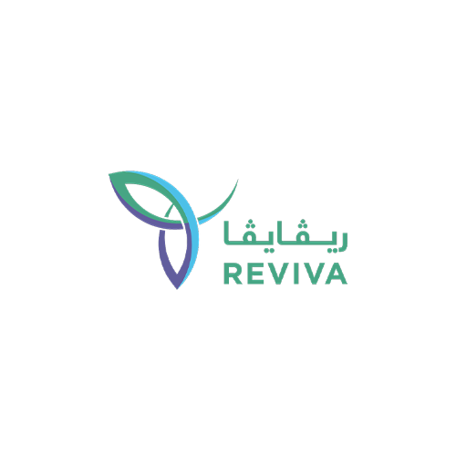A logo with a stylized leaf design in green and blue, alongside the words "REVIVA" and Arabic text.