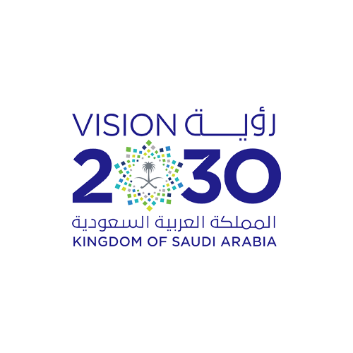 Logo with text in Arabic and English, featuring the number 2030, a palm tree, and a circular pattern in green and blue, representing Saudi Arabia's Vision 2030.
