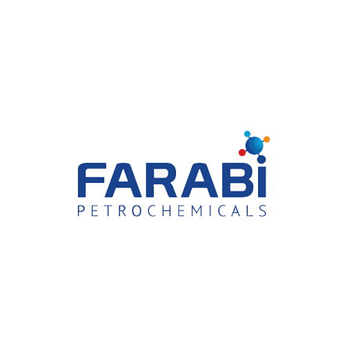Farabi Petrochemicals logo with stylized molecular structure in blue, red, and orange above the text.