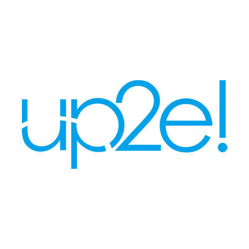Upside-down blue text that reads 'up2e!'
