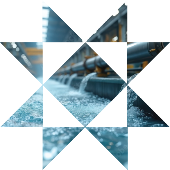 A water treatment facility with pipes and flowing water.