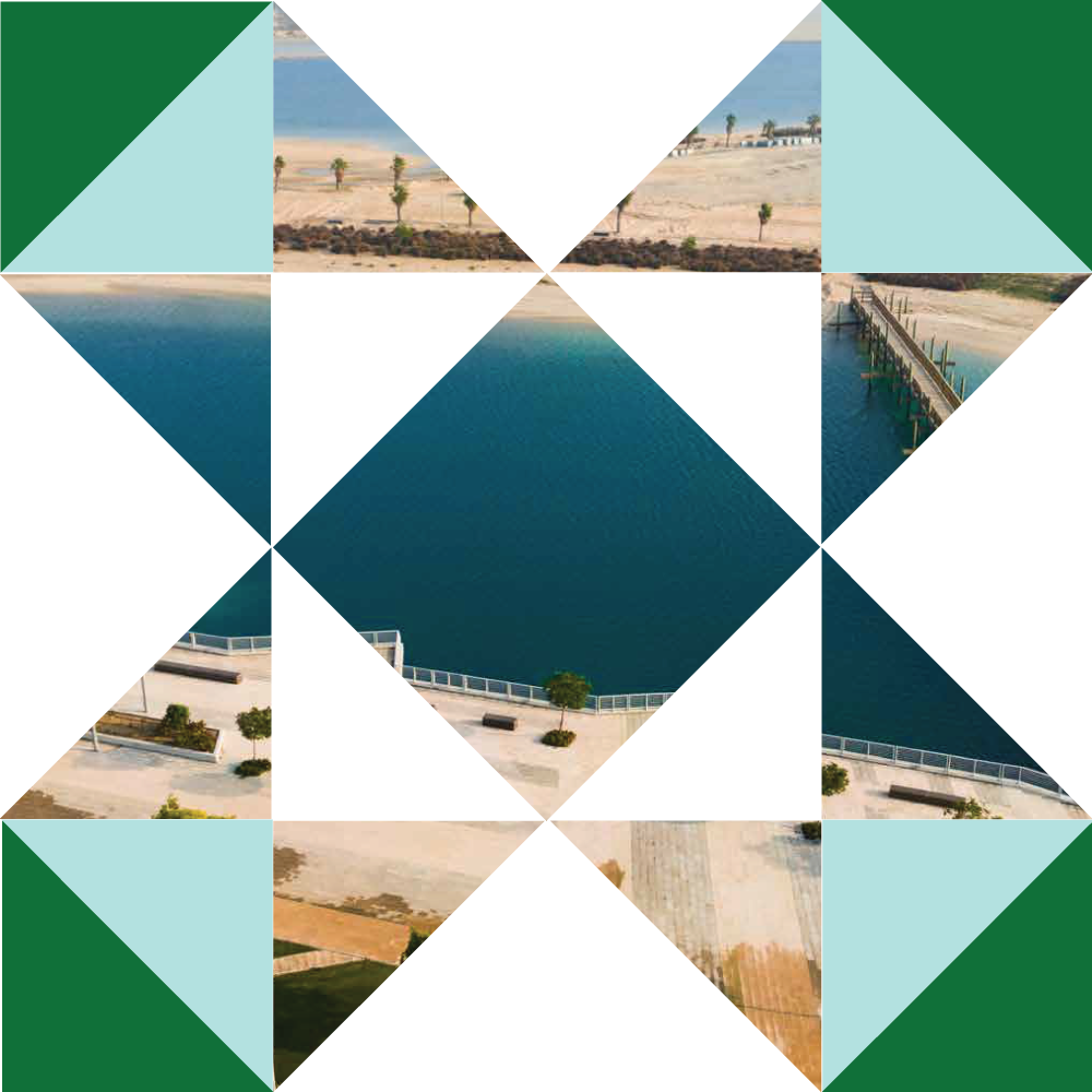 A digital image of a waterfront scene with a pier extending into the water, surrounded by sandy shores and palm trees, with the sky above.