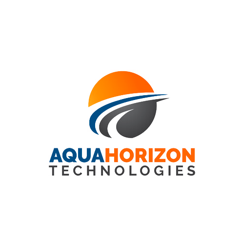 Logo for AquaHorizon Technologies featuring a stylized orange sun and grey and blue swooshes above the company's name.