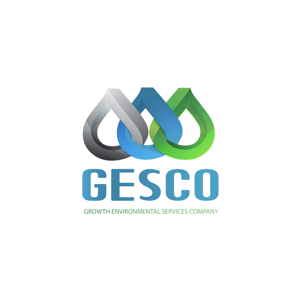 Logo for GESCO, a growth environmental services company, featuring three interwoven drops in black, blue, and green colors with the company name and tagline.