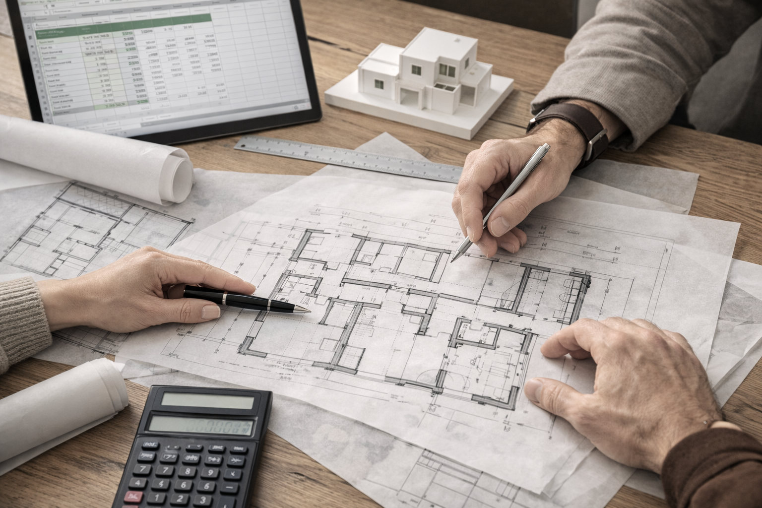 Architectural due diligence meeting for a London residential property purchase, featuring planning reviews, feasibility sketches, measured assessments, material studies, and development strategy discussions before acquisition.