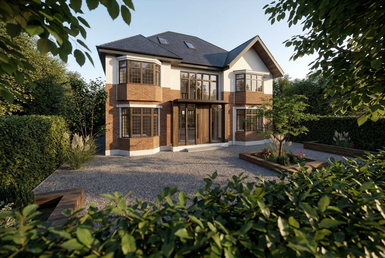 The redesigned entrance sequence combines a new porch and glazed facade to bring natural light into the newly created double-height interior.