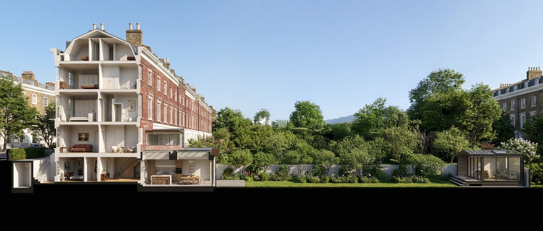 Sectional view of a London terrace house showing a two-storey rear extension with copper roof, open-plan kitchen below, and a garden with a detached summerhouse.