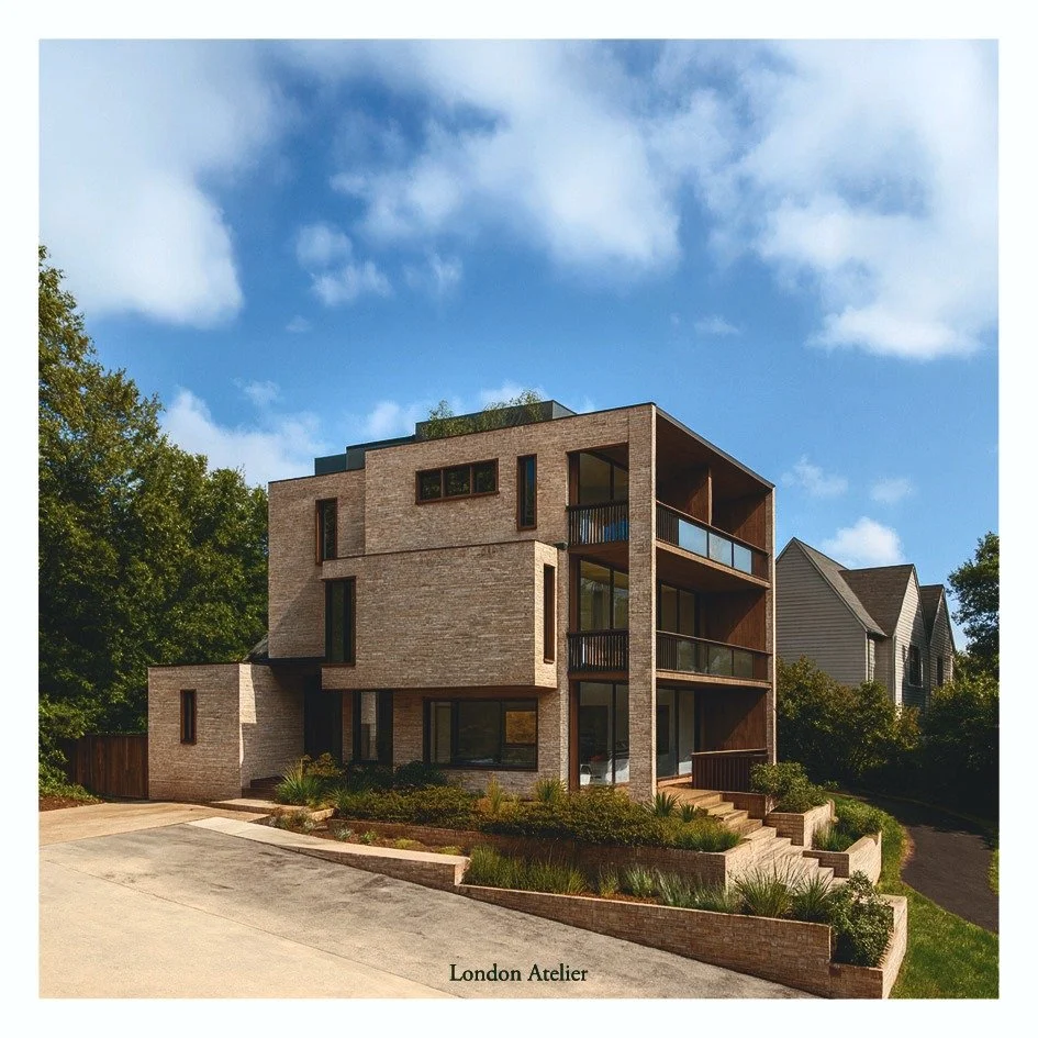 The scheme for one of our one-off houses in Kingston upon Thames, near Richmond Park, is a contemporary brick building defined by a restrained material palette, precise detailing and generous openings that draw light deep into the homes. #Residential