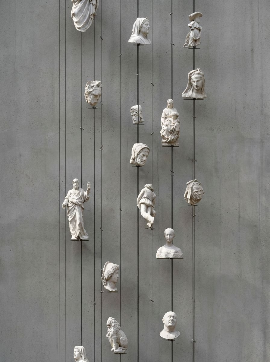 Suspended plaster cast fragments and figures displayed on slender vertical supports against a neutral backdrop, forming a floating, layered arrangement within the Cast Courts at the Victoria and Albert Museum.
