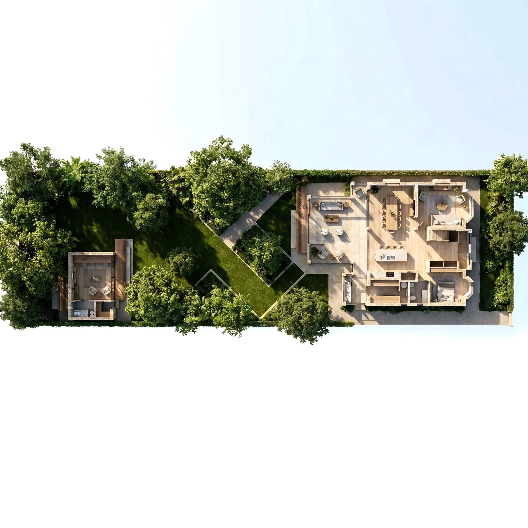 The proposed site plan shows how the remodelled and extended main house is carefully positioned in relation to the summer house and the surrounding landscape.