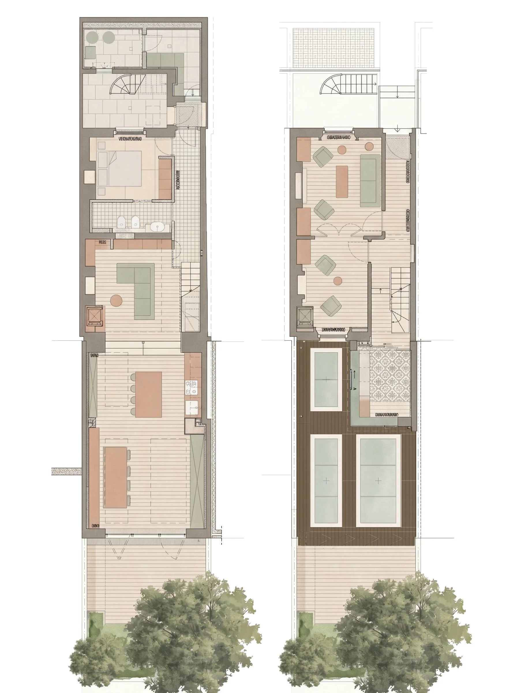 Proposed lower ground and ground floor plans of a London terrace house showing a rear kitchen extension, rooflights, and reconfigured living spaces connected to the garden.