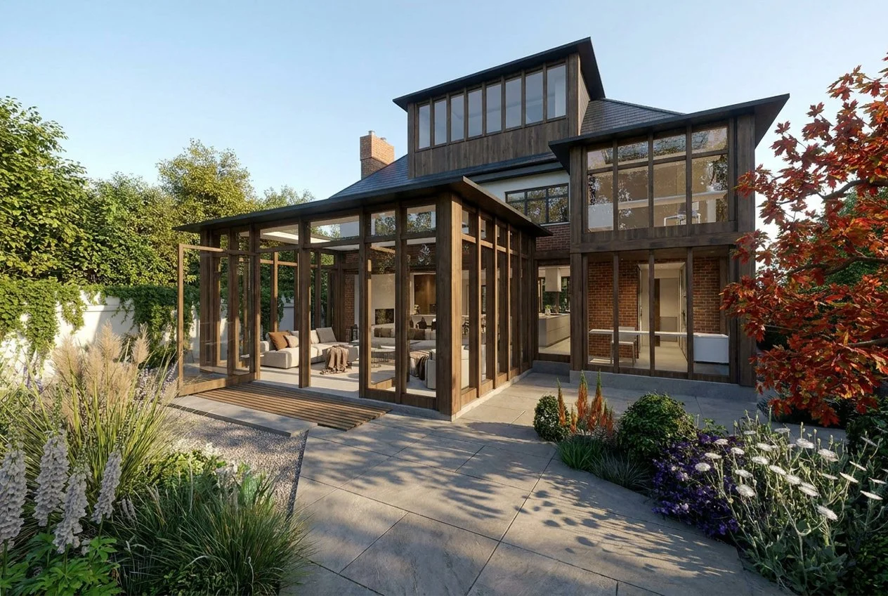 The rear extensions reinterpret the character of the existing 1930s house through timber framing, glazing and refined contemporary detailing.