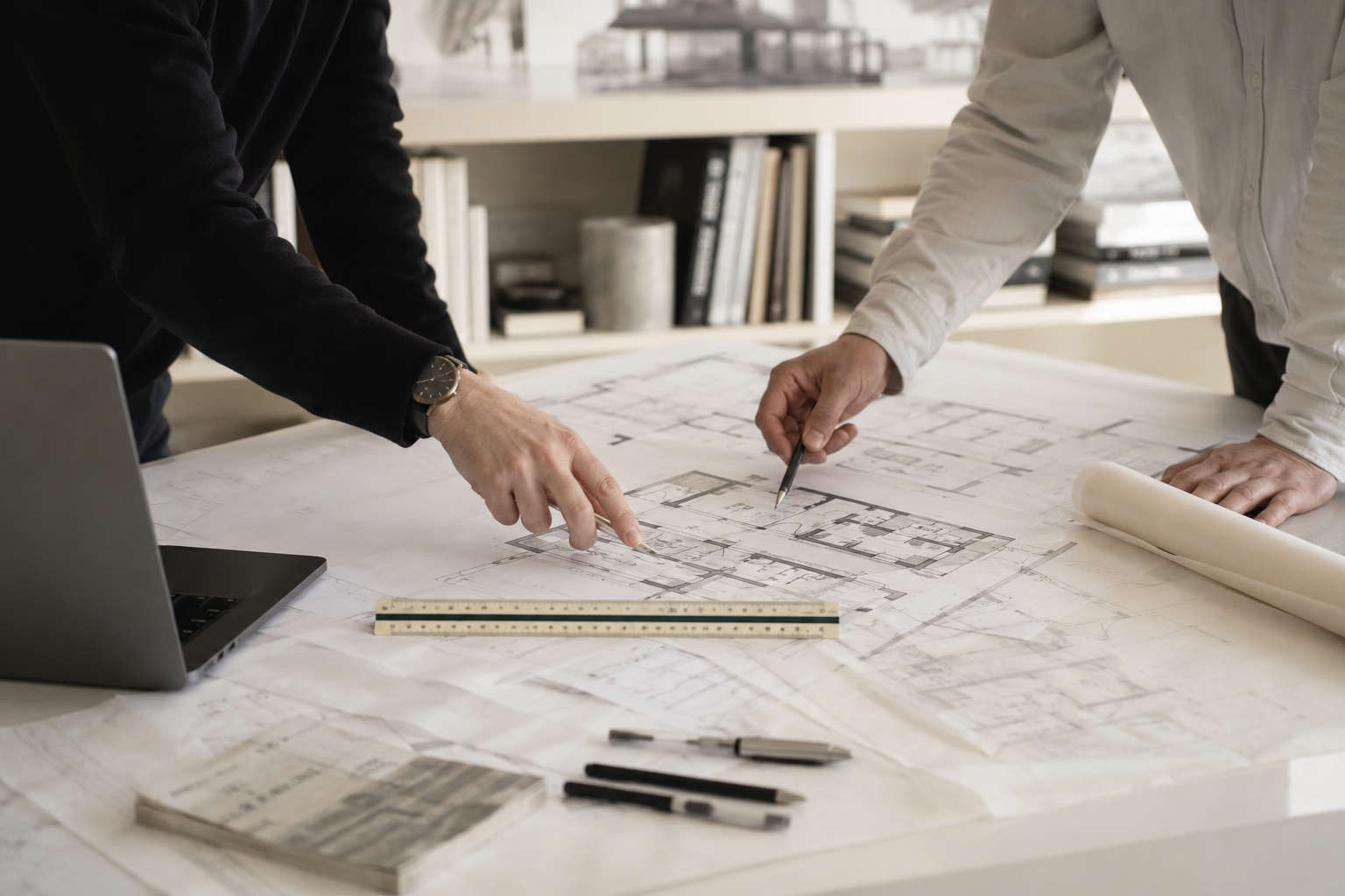 Architect-led pre-purchase survey and property due diligence assessment reviewing architectural drawings, development potential, planning constraints, refurbishment opportunities, and design feasibility before buying a residential property.
