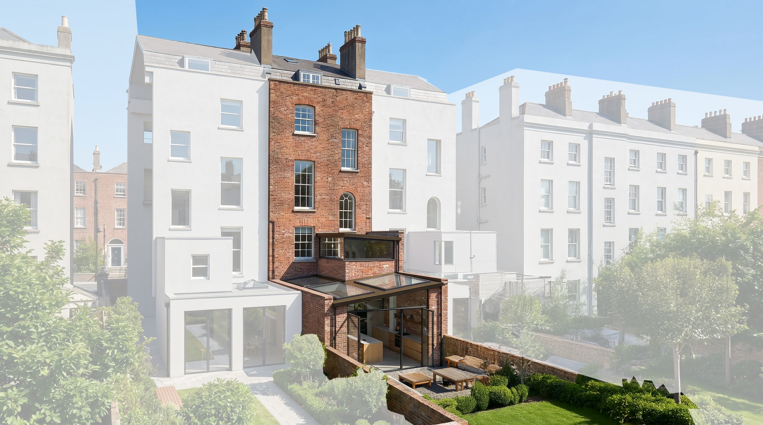 Rear view diagram of a London terrace house highlighting a brick rear extension with rooflights and a glazed connection to the garden.