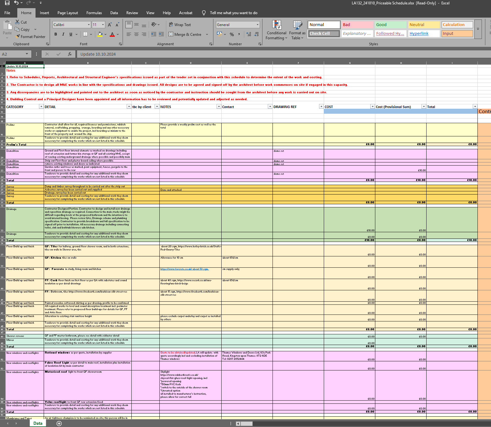 Architect-prepared Priceable Schedule outlining construction cost elements and assumptions to support early-stage budget planning and cost control. London atelier Architects and Interior Designer