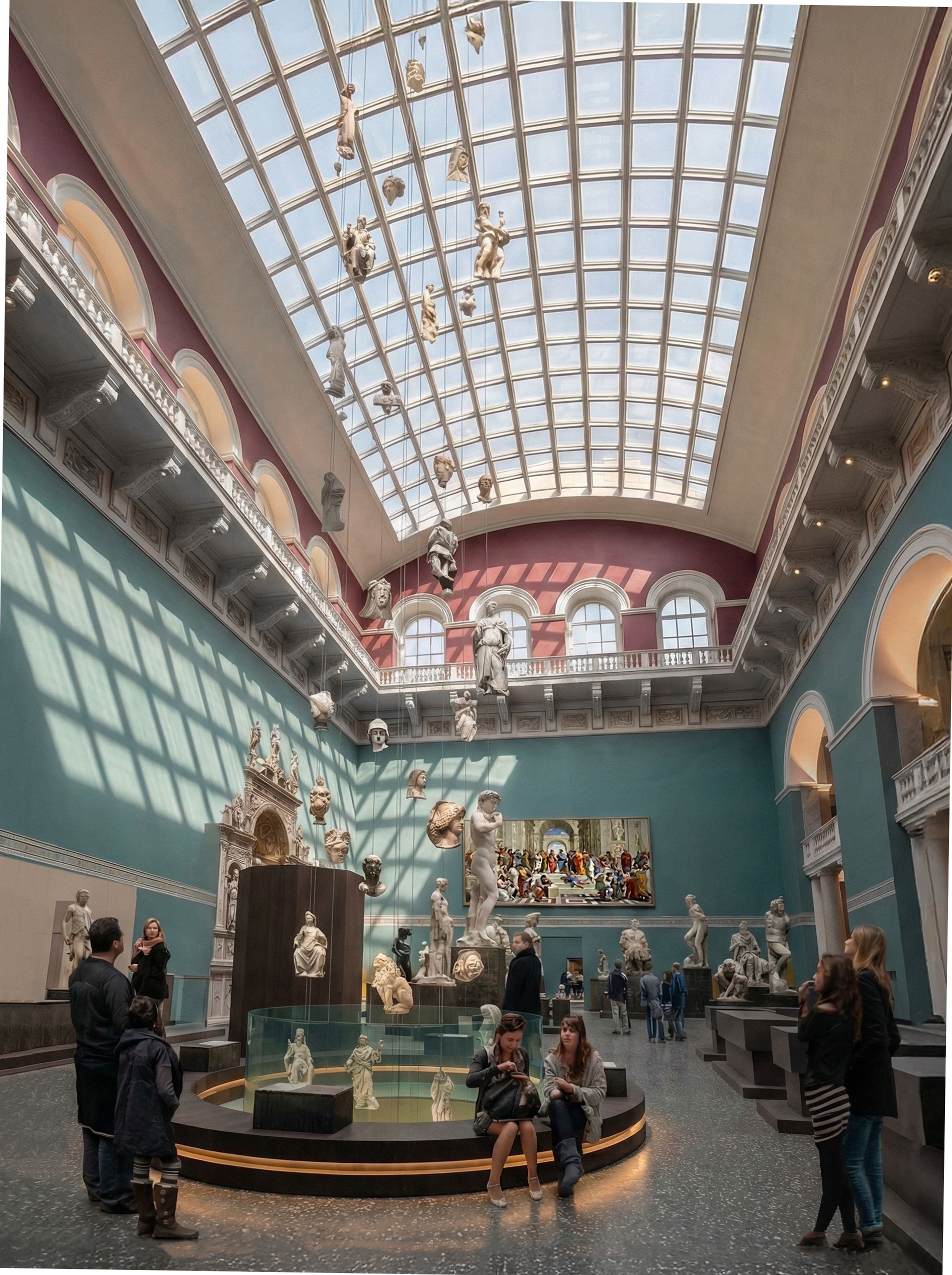 Wide view of the Cast Courts showing suspended plaster casts beneath a glazed roof, historic coloured walls, and visitors circulating around central display plinths within the Victorian gallery at the Victoria and Albert Museum.