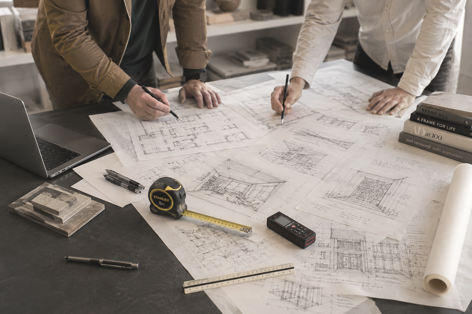 Architect reviewing residential property plans and development sketches as part of a pre-purchase survey service assessing planning constraints, renovation feasibility, extension opportunities, and construction implications before purchase.