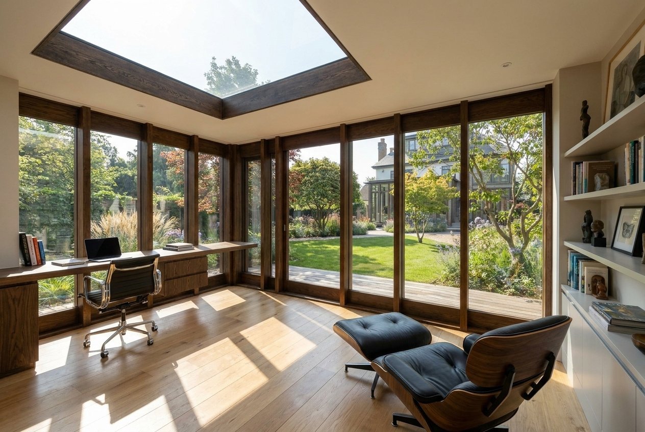 Set within the mature planting, the summer house accommodates a small office, library and reading corner alongside a kitchenette and shower room.