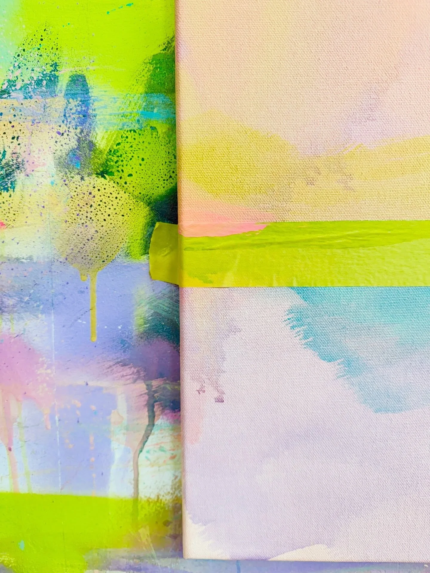 Studio views ✨
.
Recently started using frog tape instead of scotch tape. I think it might be better for getting those crisp lines. My studio is having building work done so I&rsquo;m currently condensed into a tiny corner which is good practice for 