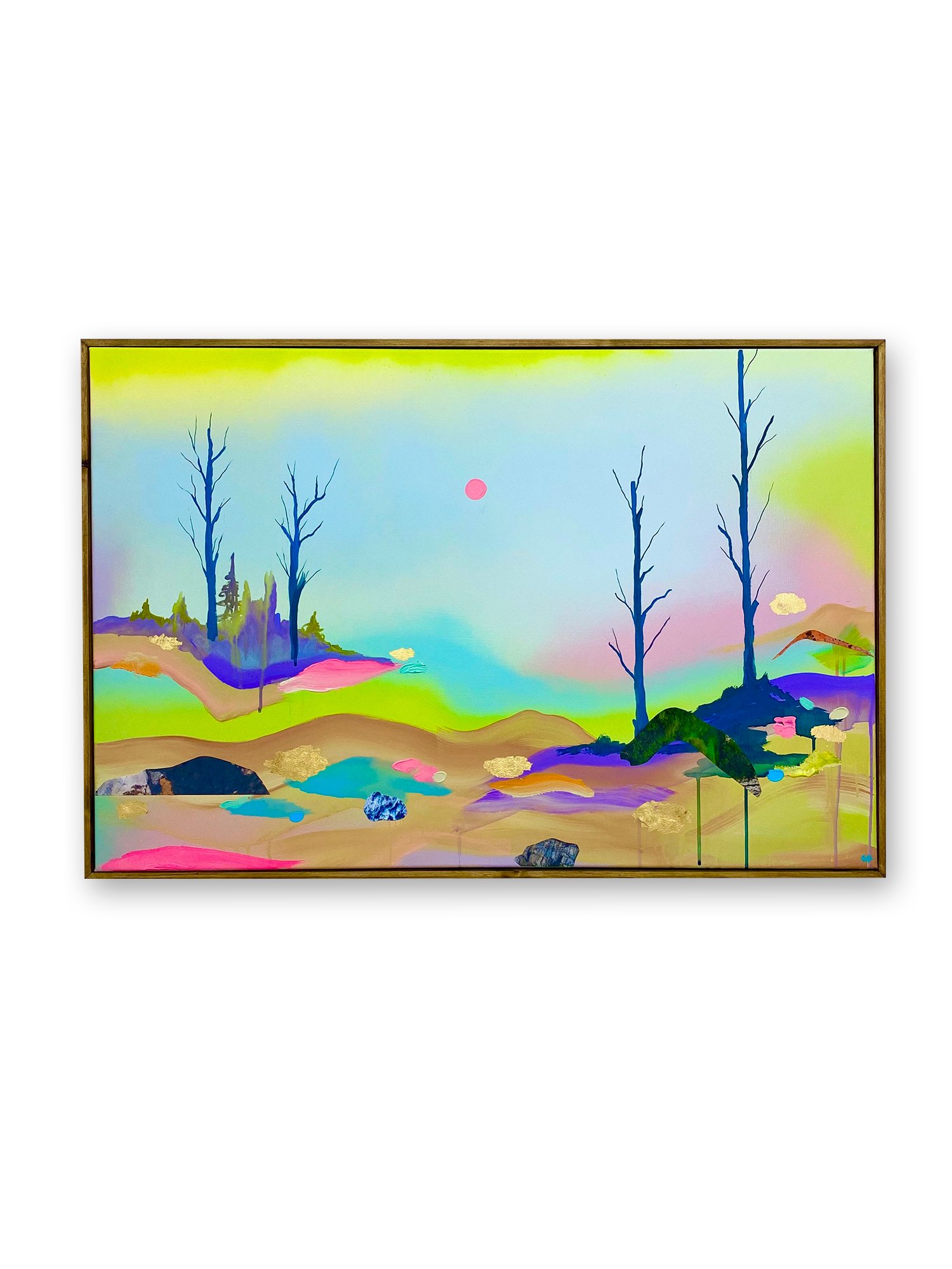'Mist in the Valley', 24x36 inches. 2023.
Acrylic, collage, gold leaf and spray paint on canvas.
Available.