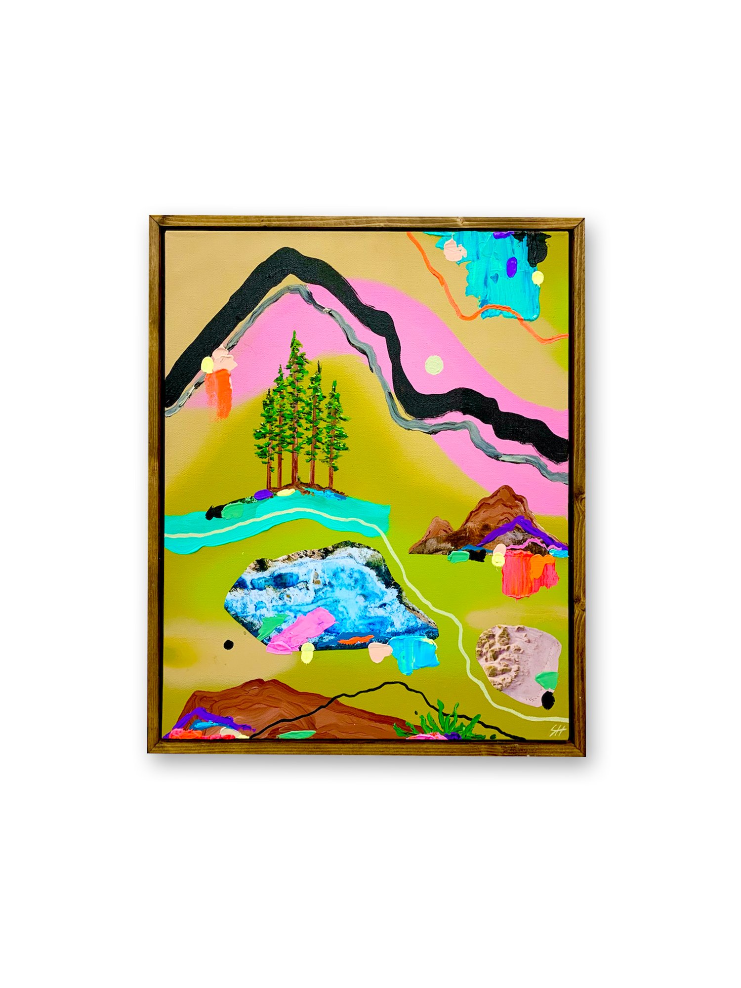 'Pines', 16x20 inches. 2021.
Acrylic, collage and spray paint on canvas.
Sold.