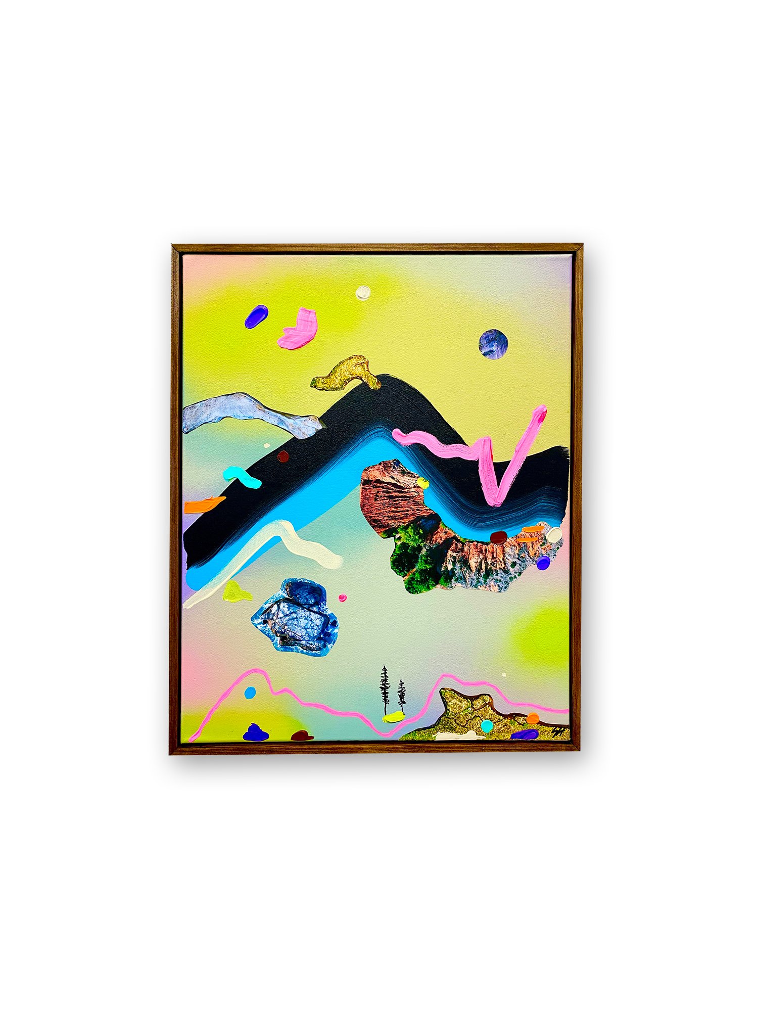'Neon Rock', 16x20 inches. 2021.
Acrylic, collage and spray paint on canvas.
Sold.