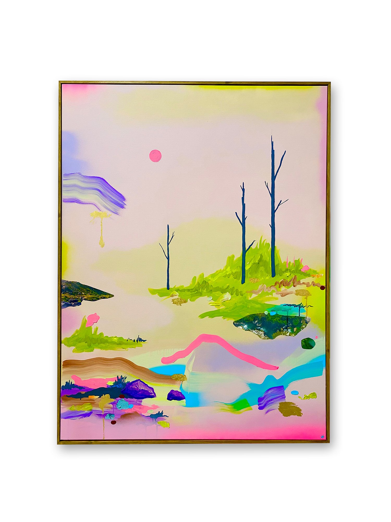 'Earthly Wonders', 36x48 inches. 2023.
Acrylic, collage, gold leaf and spray paint on canvas.
Available.