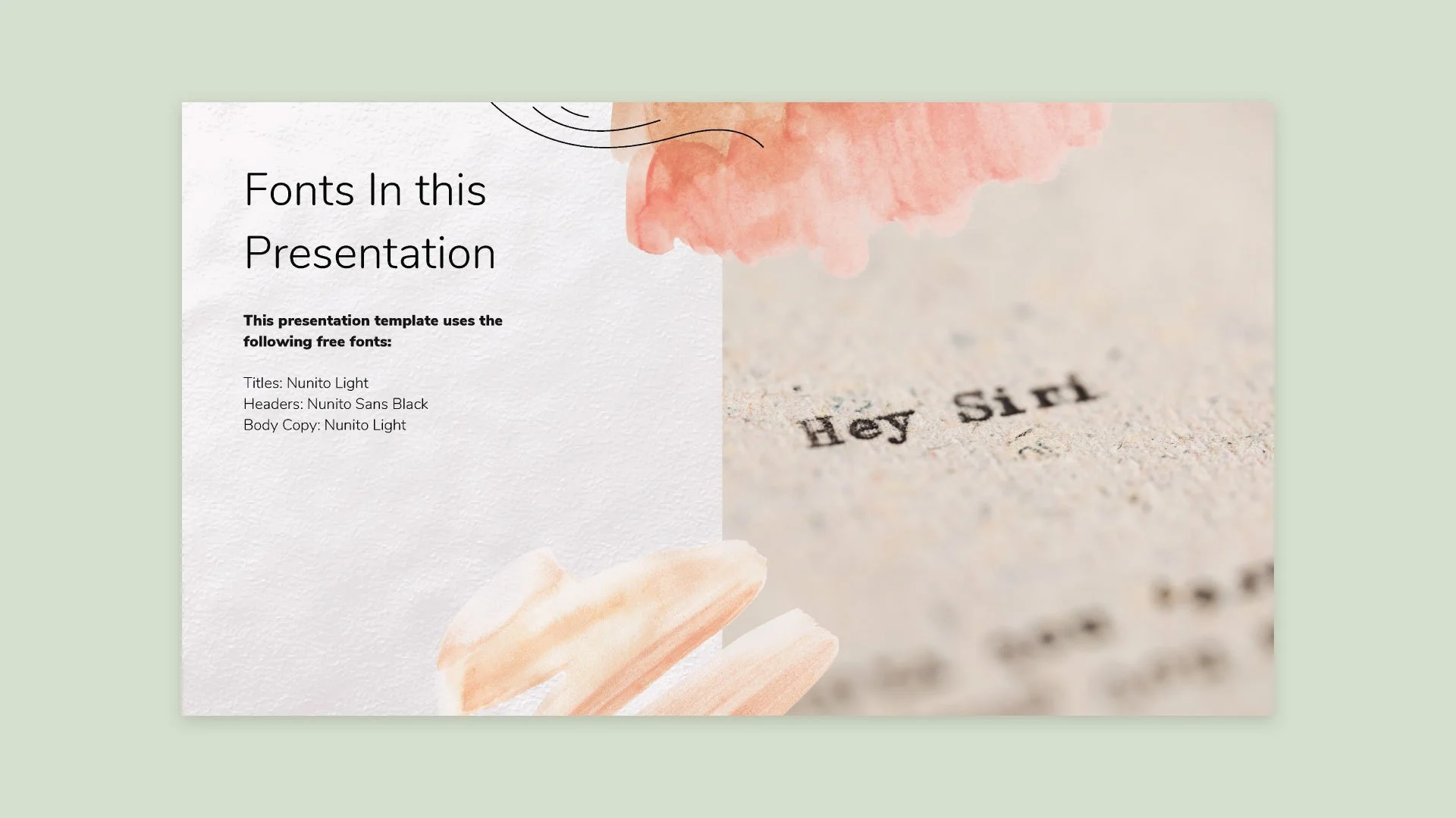 Fonts page of Minimalist Aesthetic Presentation, showing the selected typefaces used in the pastel, watercolor-themed design by Quirk Design Studio