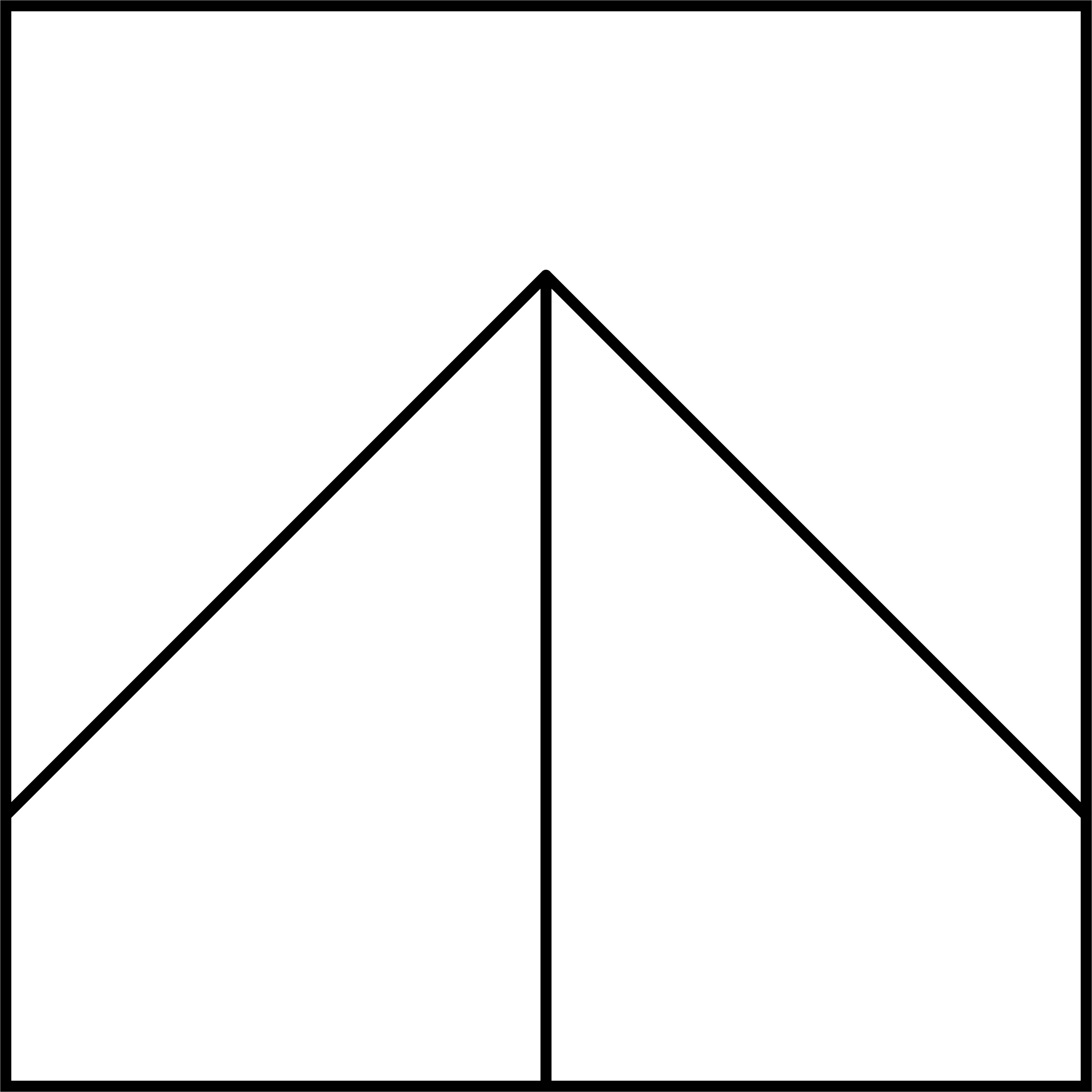 Geometric drawing of an outline square with sections divided by vertical, horizontal, and diagonal lines.