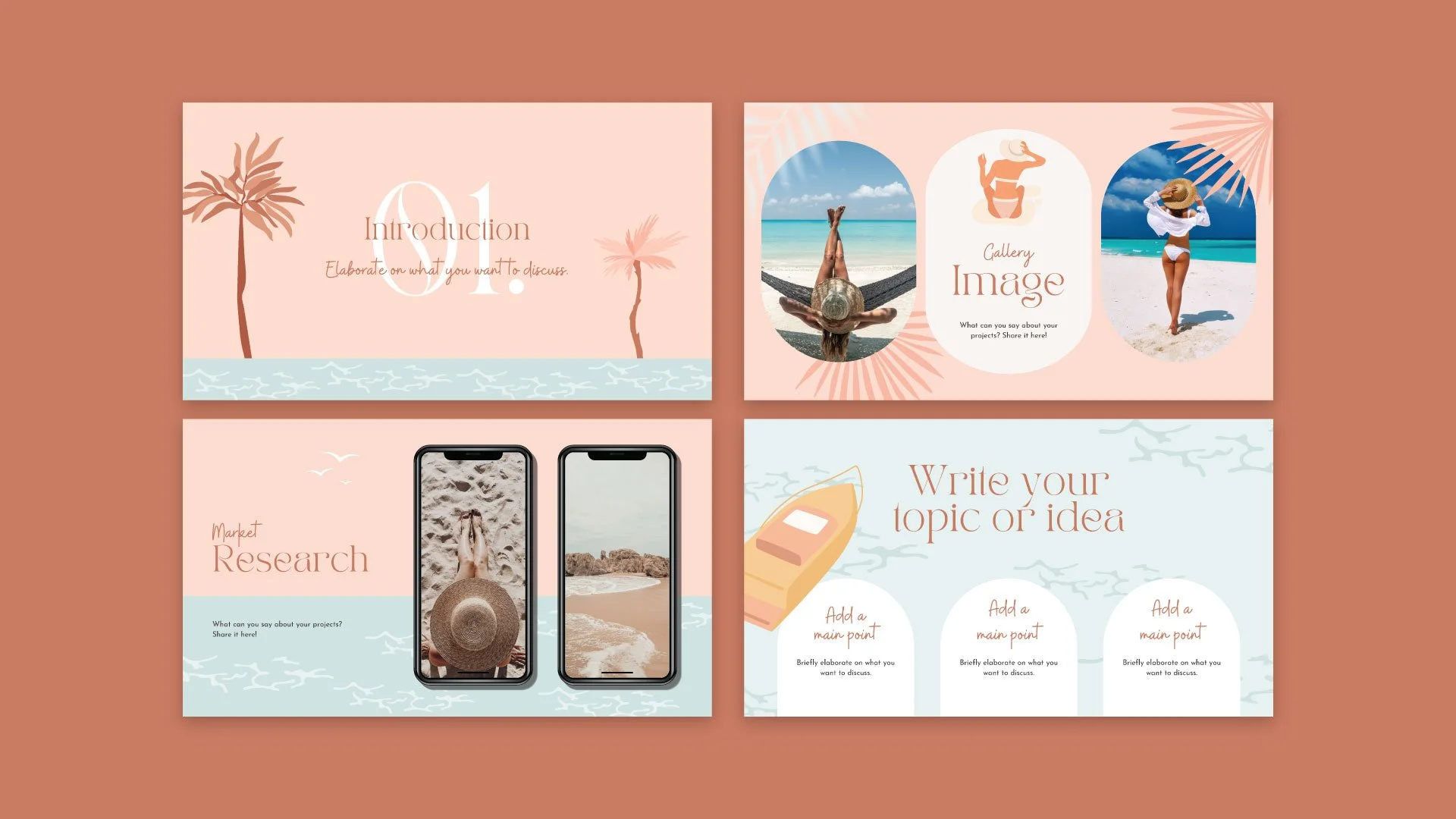 Mockup showcasing the introduction page, market research page, and gallery image of the Sunset Beachy Agency presentation, illustrated in a relaxed, beachy monochrome style.