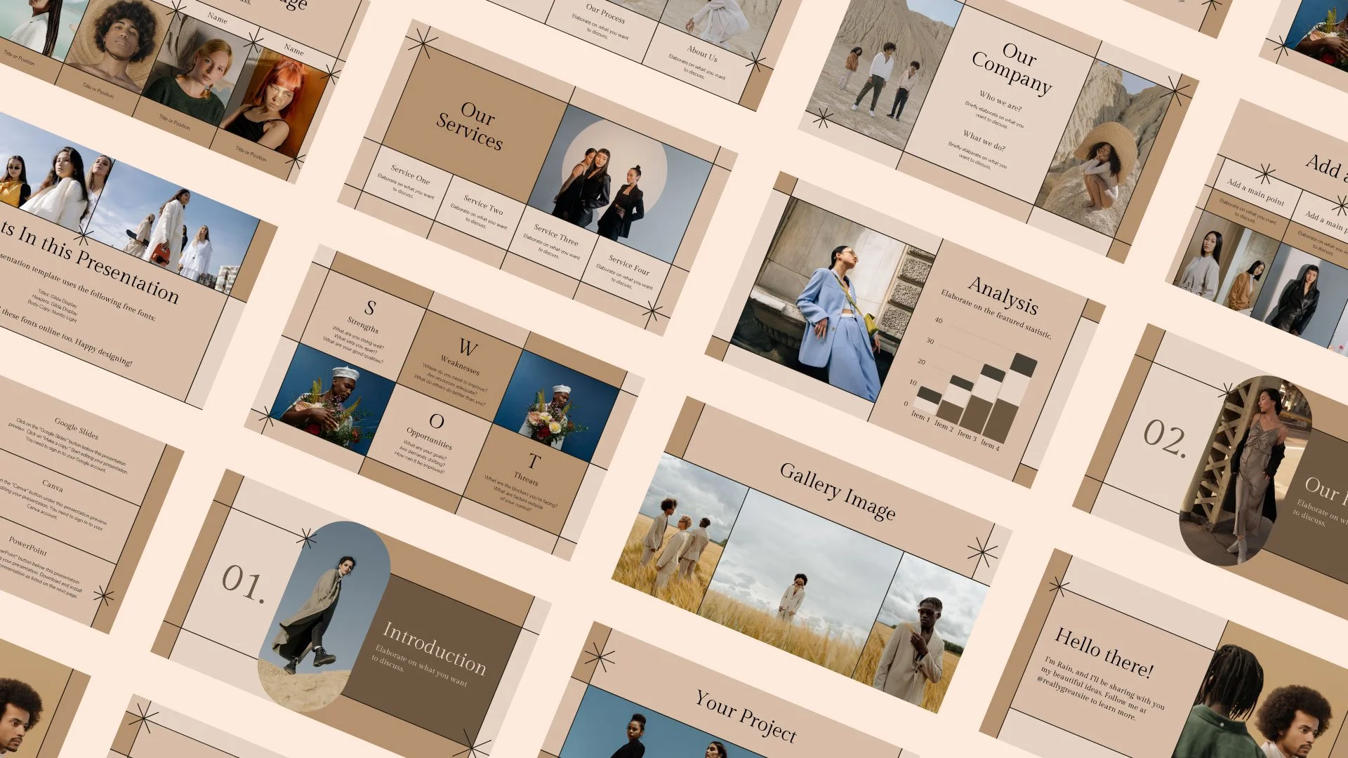Fashion Magazine Business Plan presentation mockup including Our Services, SWOT, Gallery, Analysis, and Our Project sections, showcasing an elegant and minimal aesthetic by Quirk Design Studio