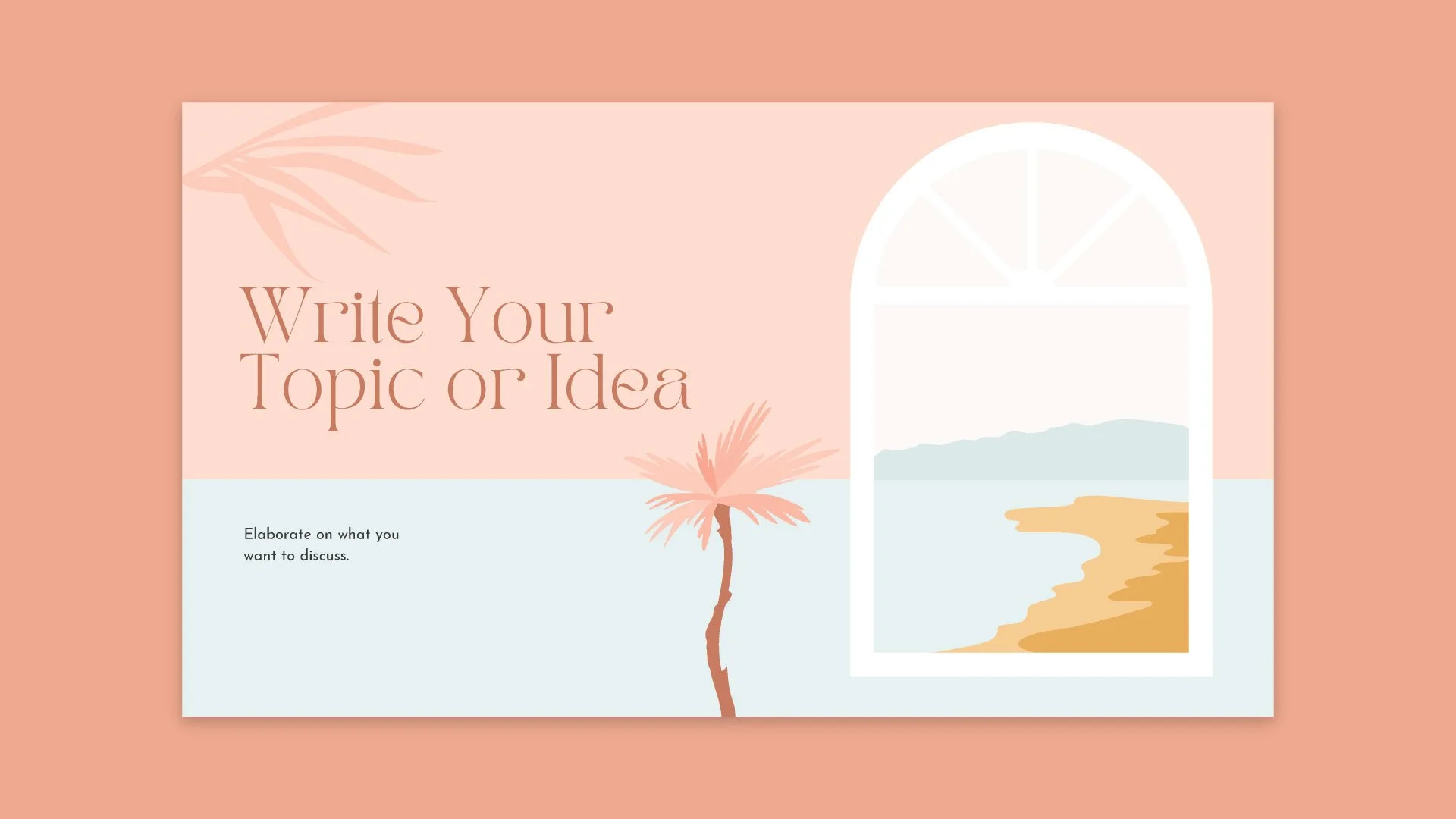 Generic page in the Sunset Beachy Agency presentation with a 'Write Your Topic' prompt, featuring an illustration of a window with ocean views, enhancing the beachy, calm theme.