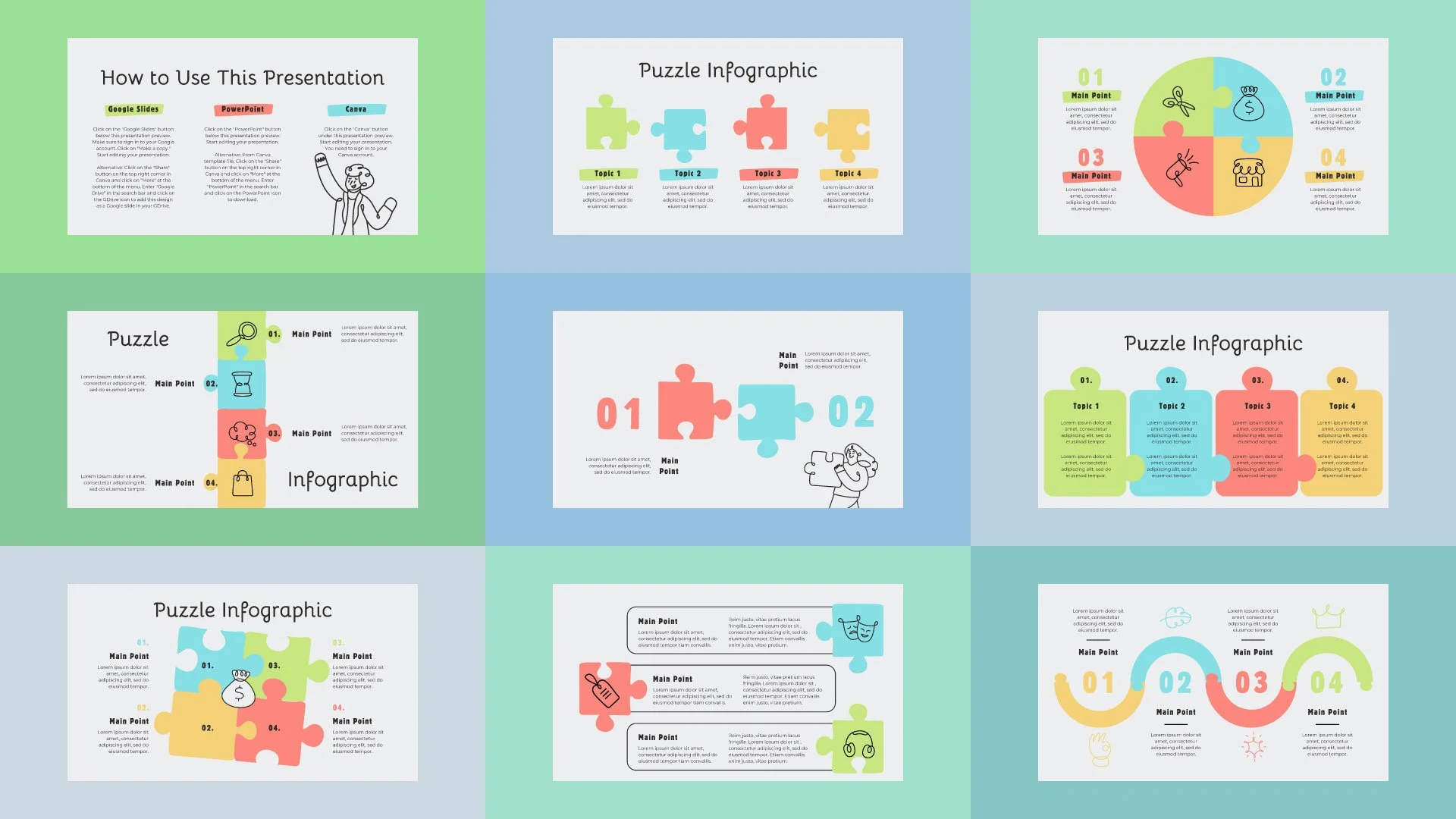 Mockup of the Puzzle Timeline Infographic presentation showing pages with colorful puzzle-themed infographics and timelines