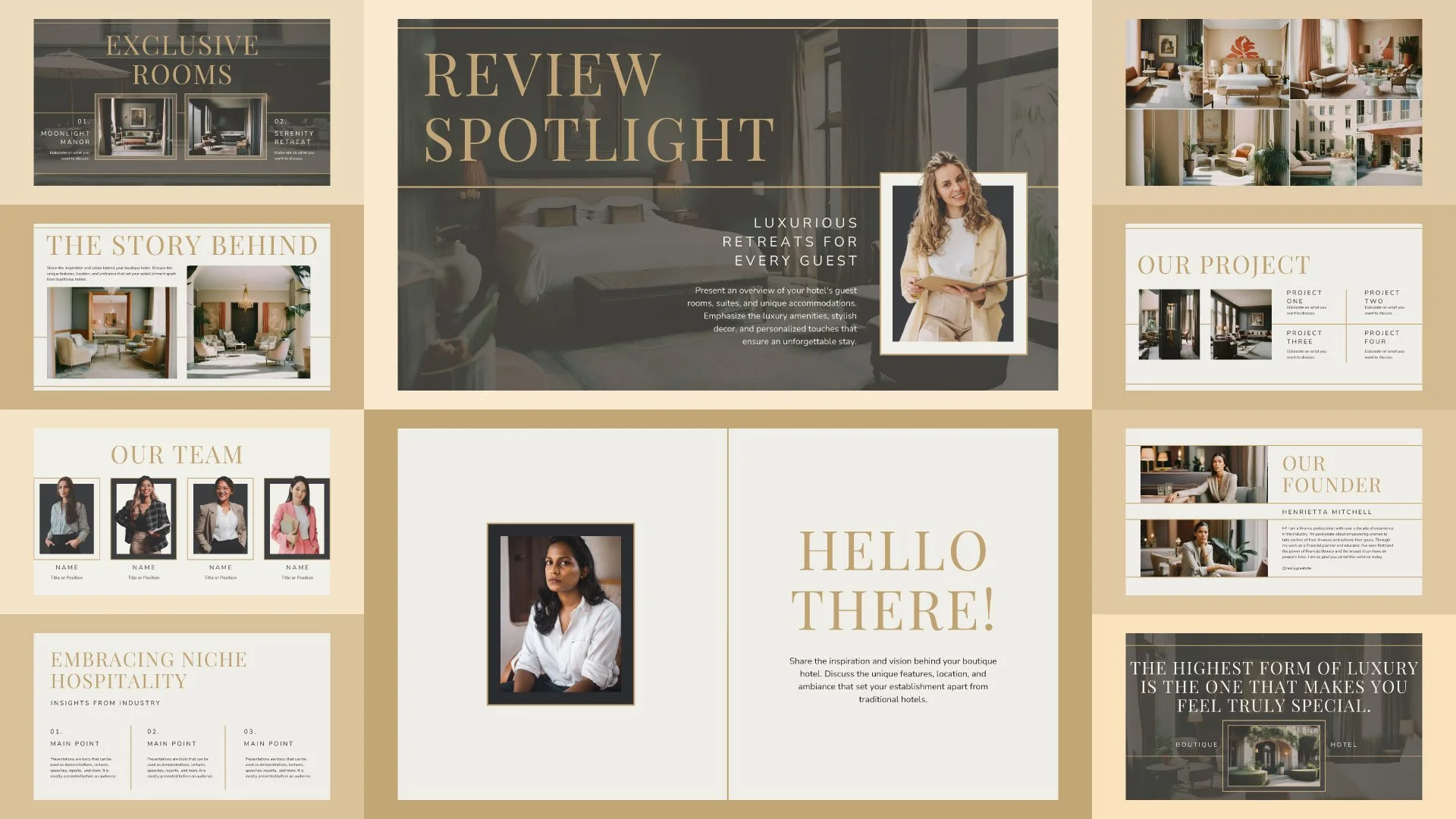 Mockup page from the Boutique Hotel Pitch Deck featuring Review Spotlight, Hello, Our Team, The Story Behind, Our Project, and Exclusive Rooms pages, crafted in a luxurious gold design by Quirk Design Studio for Canva