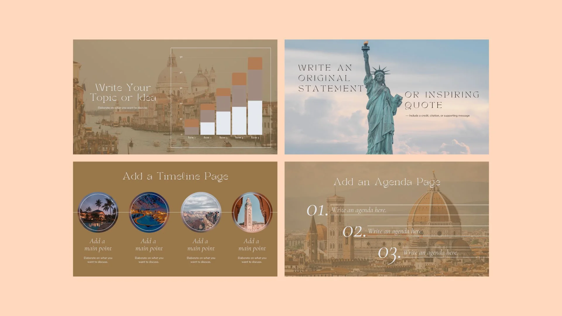 “Mockup page of the Hospitality and Tourism Presentation displaying a statistic bar chart, timeline page, agenda page, and quote page in a minimalistic elegant layout