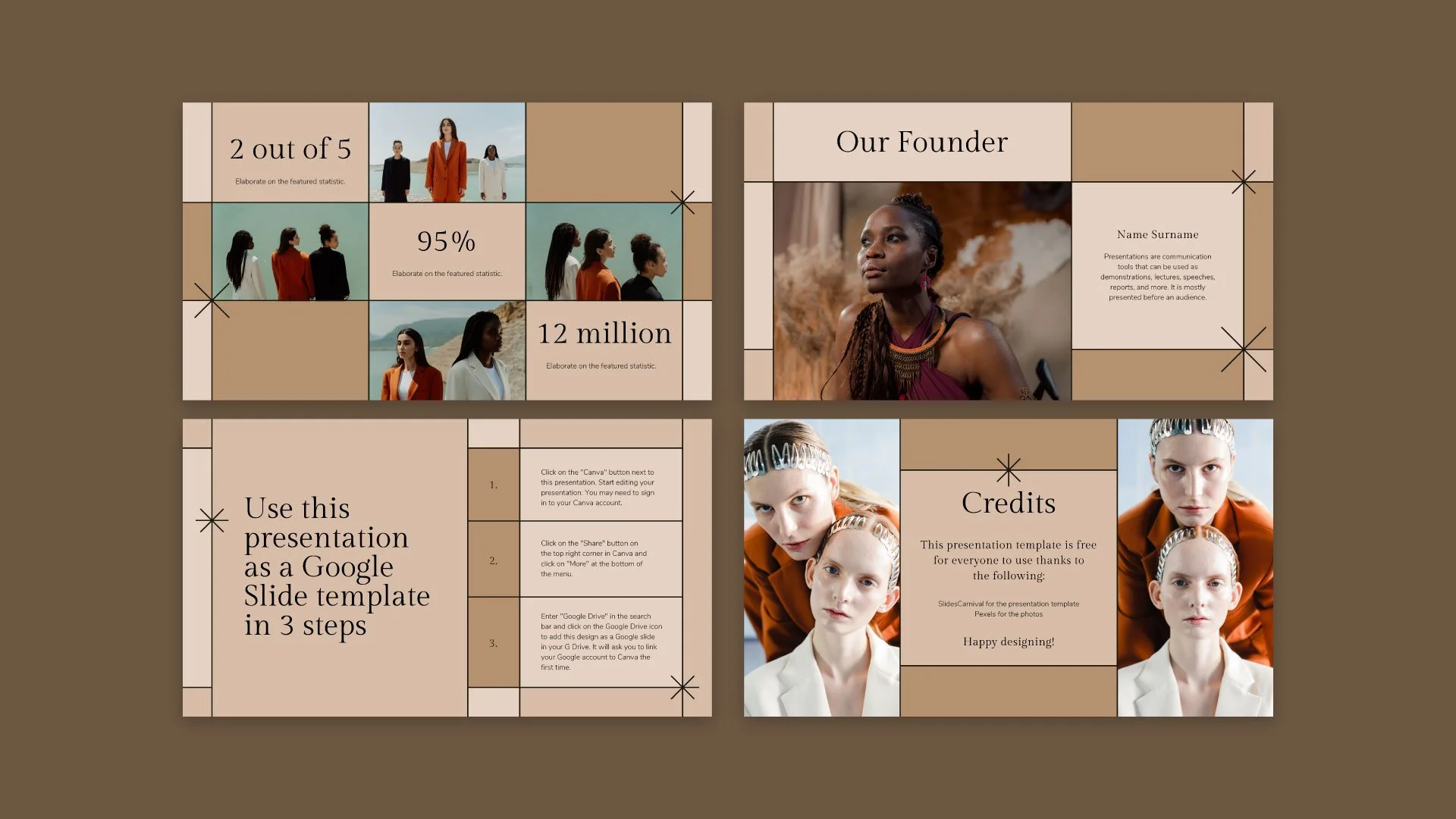 Fashion Magazine Business Plan presentation mockup featuring Our Founder, Statistics, and Credits pages, designed with a refined geometric and minimal layout by Quirk Design Studio