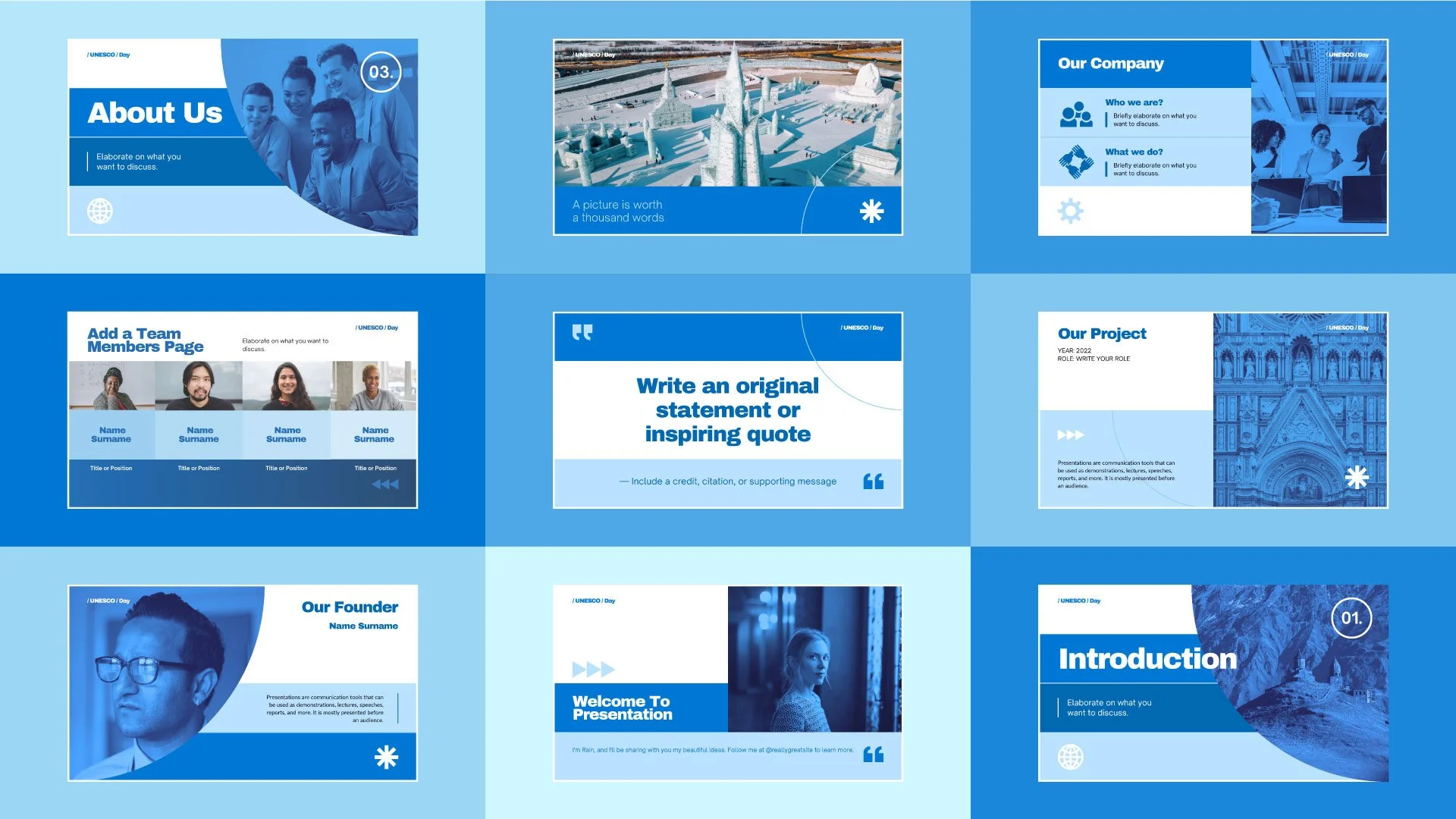 UNESCO Day presentation mockup featuring Quote, Timeline, Members, Welcome to Presentation, Our Founder, and Our Company pages, created by Quirk Design Studio
