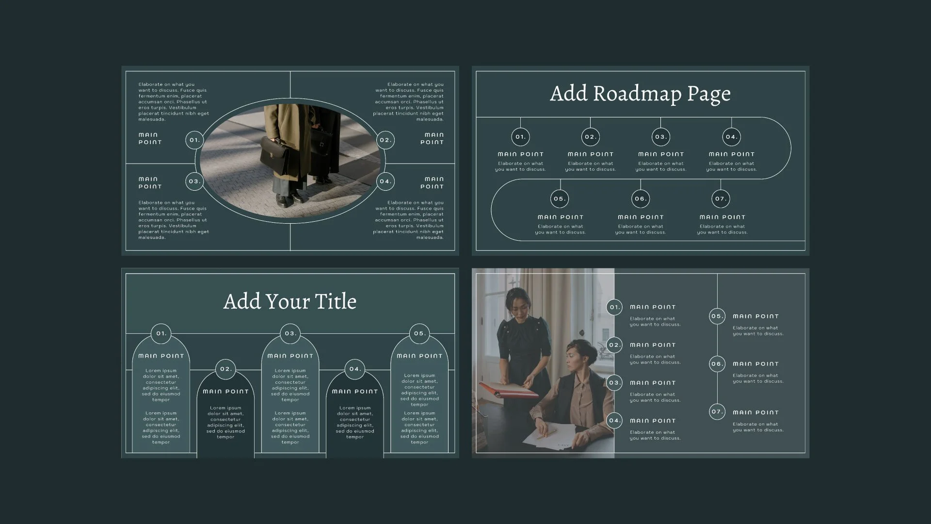 Strategic Product Roadmap presentation mockup including Roadmap and Timeline pages, designed with a clean, minimal aesthetic by Quirk Design Studio