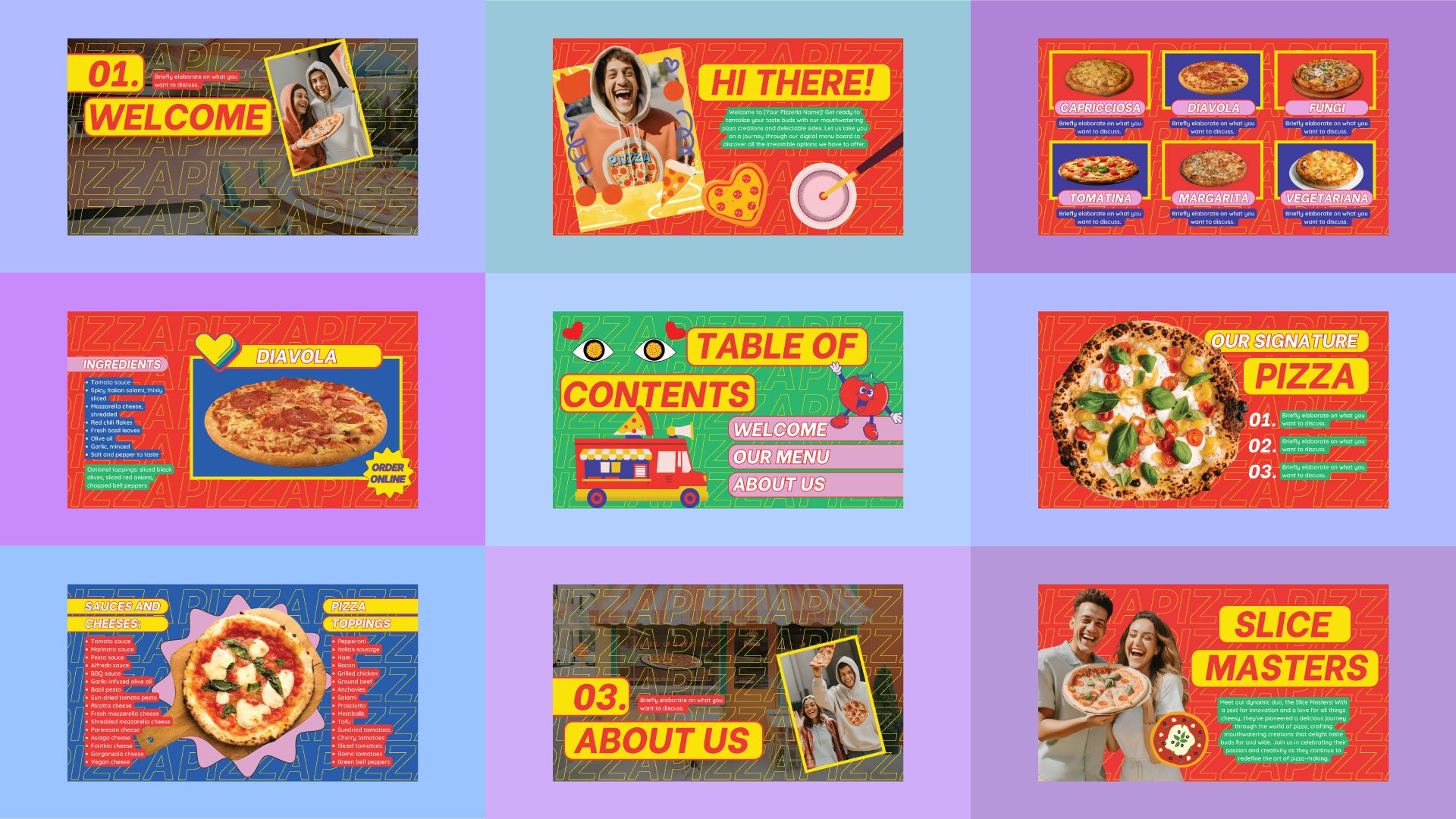 Mockup of Pizzeria Digital Menu Board presentation, including playful ‘About Us,’ ‘Hi There,’ and menu pages, creatively illustrated by Quirk Design Studio.