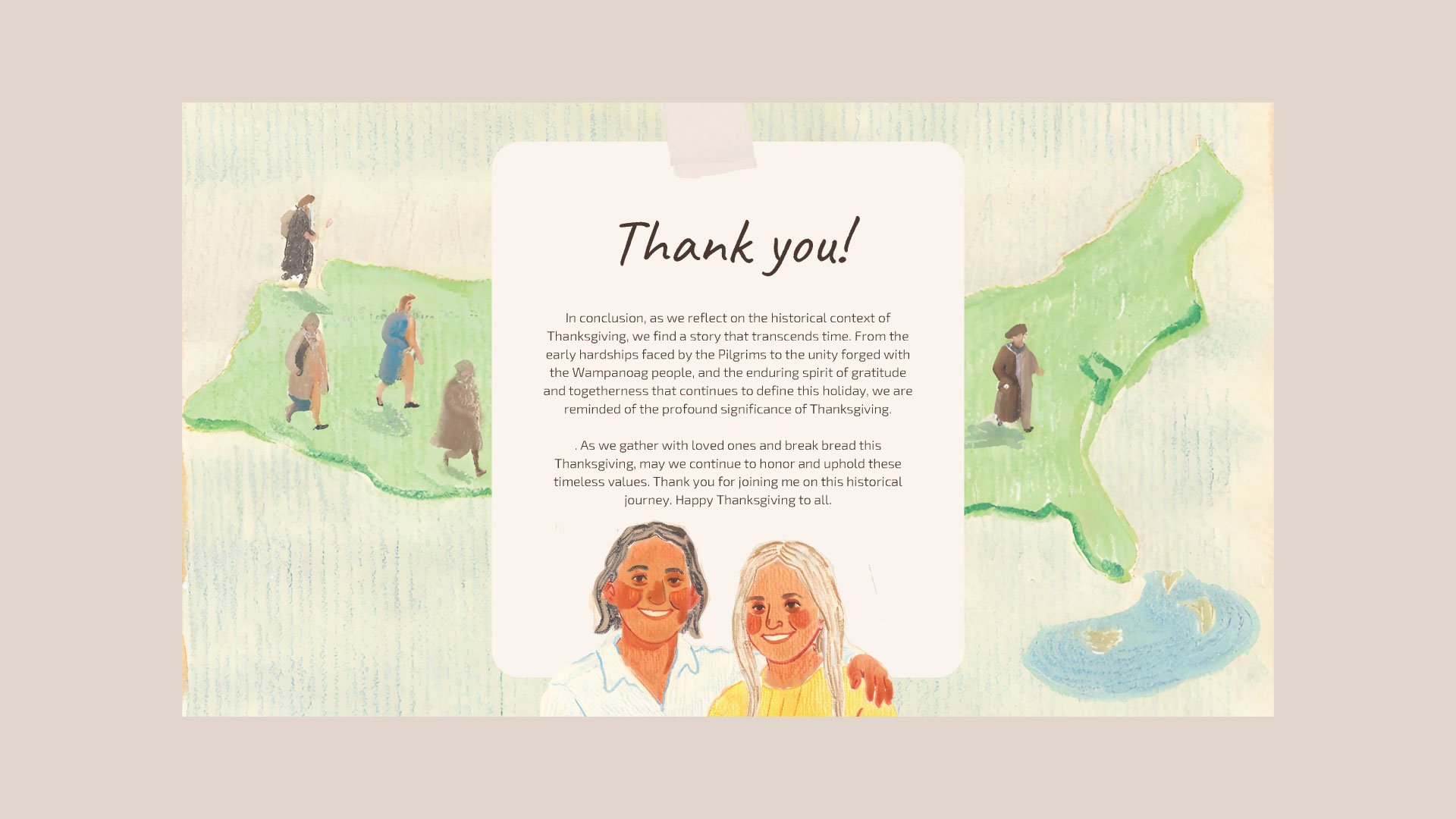 Thank you page of the "Thanksgiving Historical Context" presentation, featuring elegant pastel illustrations and expressing gratitude in a minimalistic style.