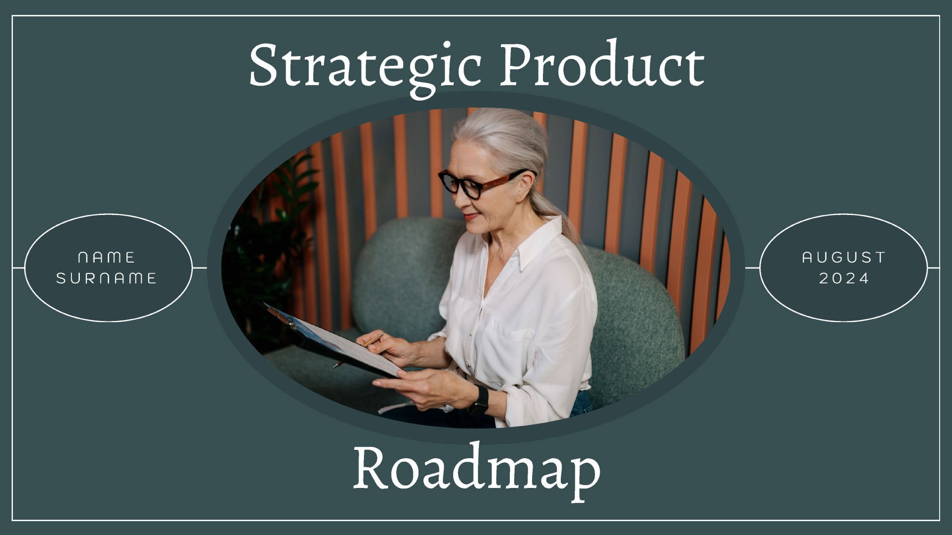 Cover page of Strategic Product Roadmap presentation with a monochromatic, minimal design, created by Quirk Design Studio