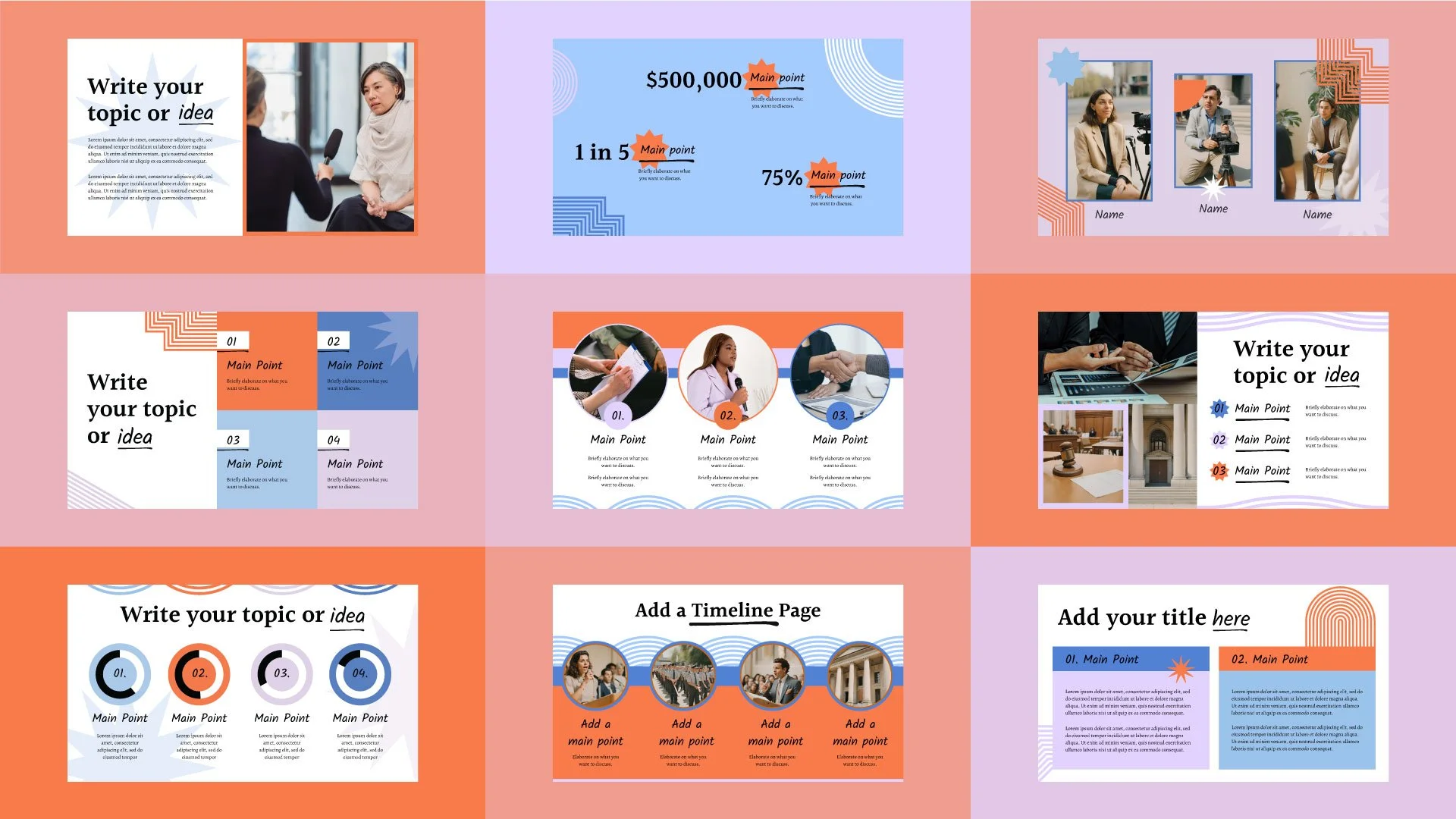 Public Policies Information presentation mockup including Timeline, Big Numbers, and Gallery sections, designed in a fun, geometric style by Quirk Design Studio