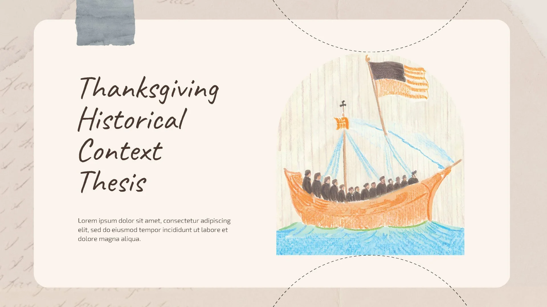 Cover page of the "Thanksgiving Historical Context" presentation featuring an illustration of a ship with the USA flag, designed in pastel and colored pencil style.