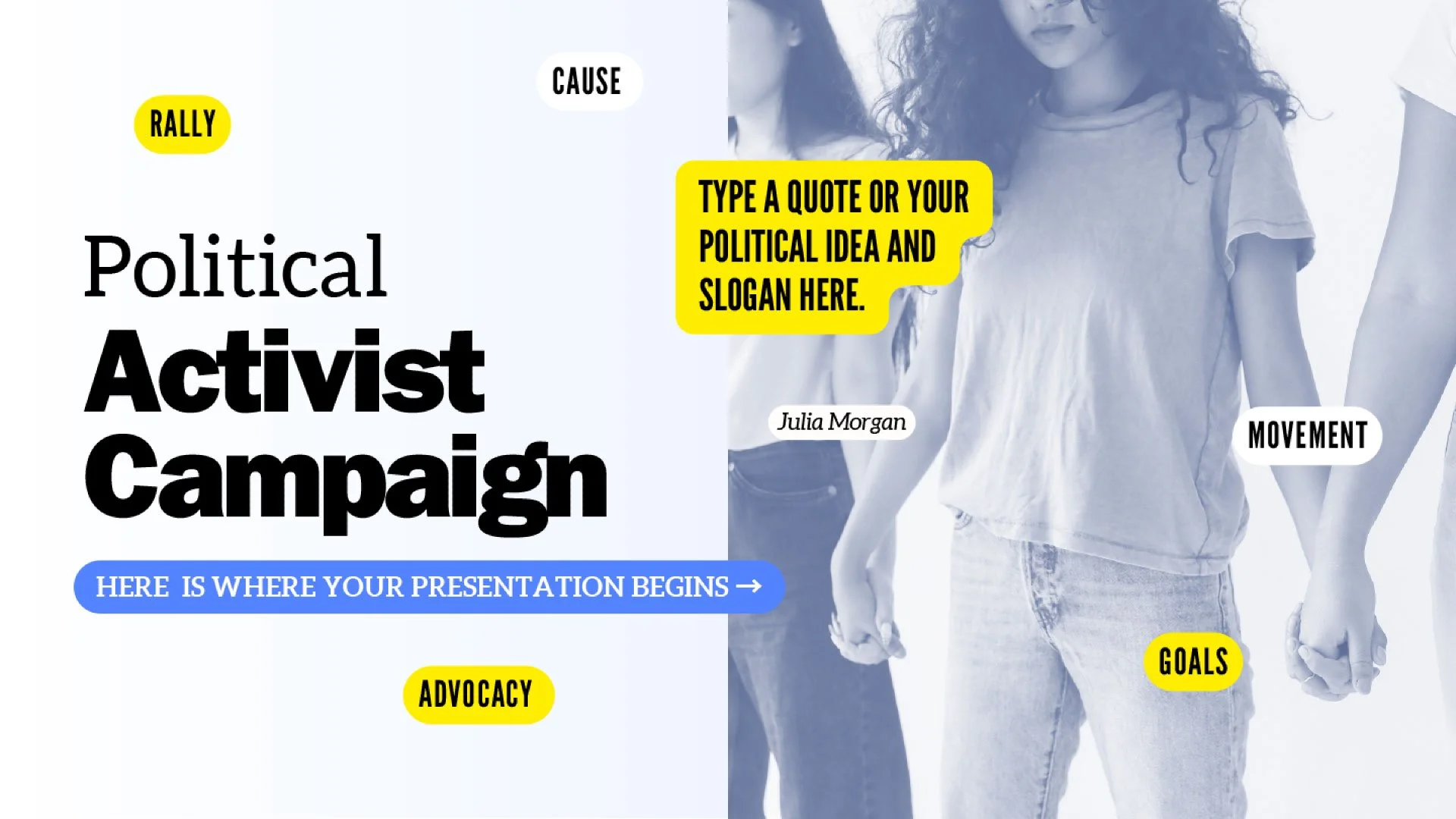 Cover page of Political Activist Campaign presentation with fun, corporate design, created by Quirk Design Studio